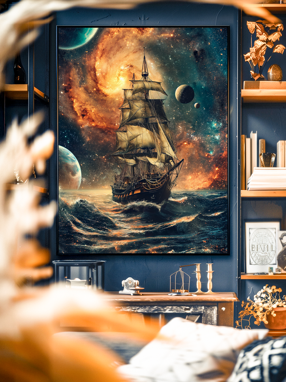 Surreal fantasy wall art showing a majestic old sailing ship navigating cosmic waves under a glowing galaxy sky. Planets, stars, and nebula clouds surround the vessel, blending nautical exploration with outer space adventure. The vibrant colors and dramatic atmosphere create a striking poster design perfect for lovers of fantasy art, cosmic seascapes, and imaginative surreal wall decor.