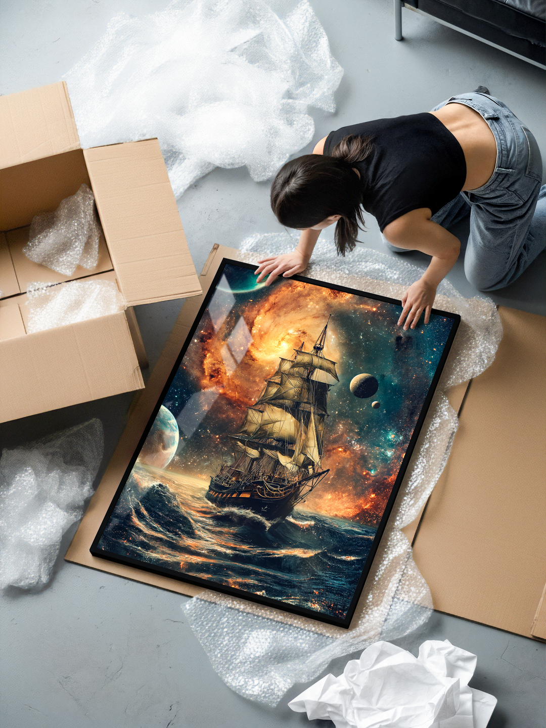 High quality framed wall art featuring a fantasy pirate ship sailing through cosmic waves with planets, glowing skies, and dramatic celestial colors printed on museum grade matte paper and set in a sleek premium black metal frame for modern interior décor.