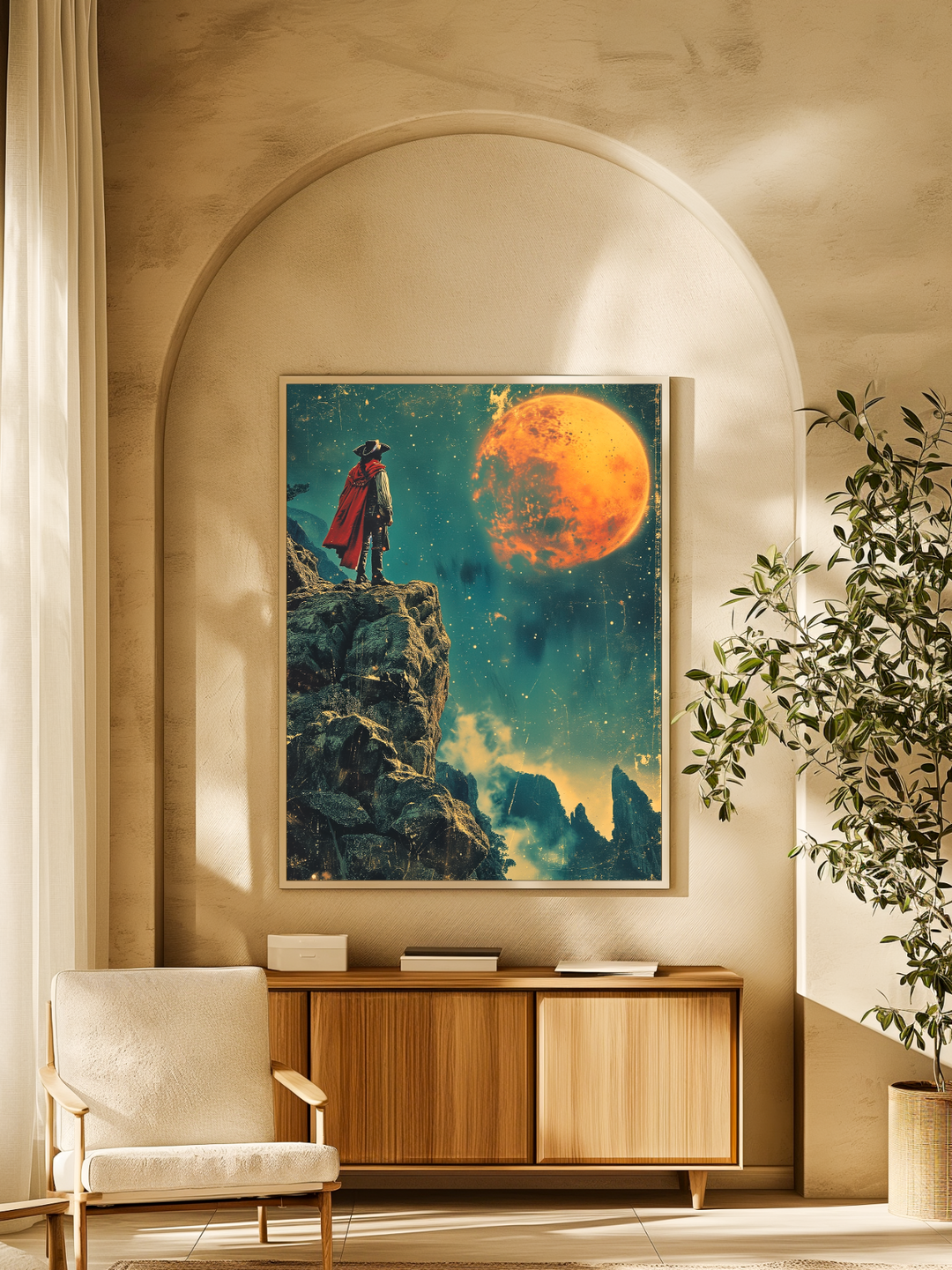 Large framed fantasy poster featuring a cloaked figure on a rocky cliff under a glowing red-orange moon, displayed in a spacious modern living room with arched wall design, natural light, wooden furniture, and minimalist decor. Ideal for showcasing bold adventure-themed wall art in a bright contemporary space.