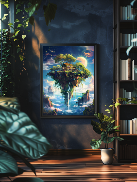Framed fantasy artwork showing a floating island with a treehouse and glowing sky, showcased in a stylish reading corner with lush plants, bookshelves, and soft natural light.
