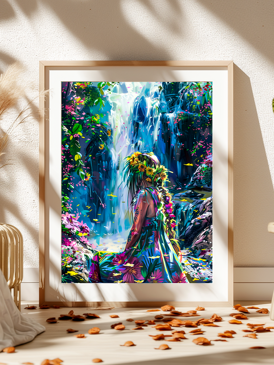 Framed fantasy art print of a woman in a colorful flower dress sitting near a glowing tropical waterfall, styled in a bright room with soft natural light and autumn leaves on the floor.