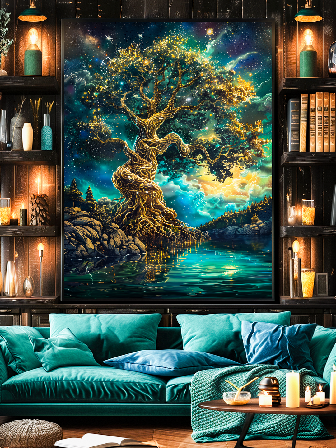 Premium fantasy wall art featuring a luminous tree of life shining against a cosmic night sky, reflecting in a tranquil lake, styled as elegant living room decor with bookshelves, warm lights and a teal velvet sofa