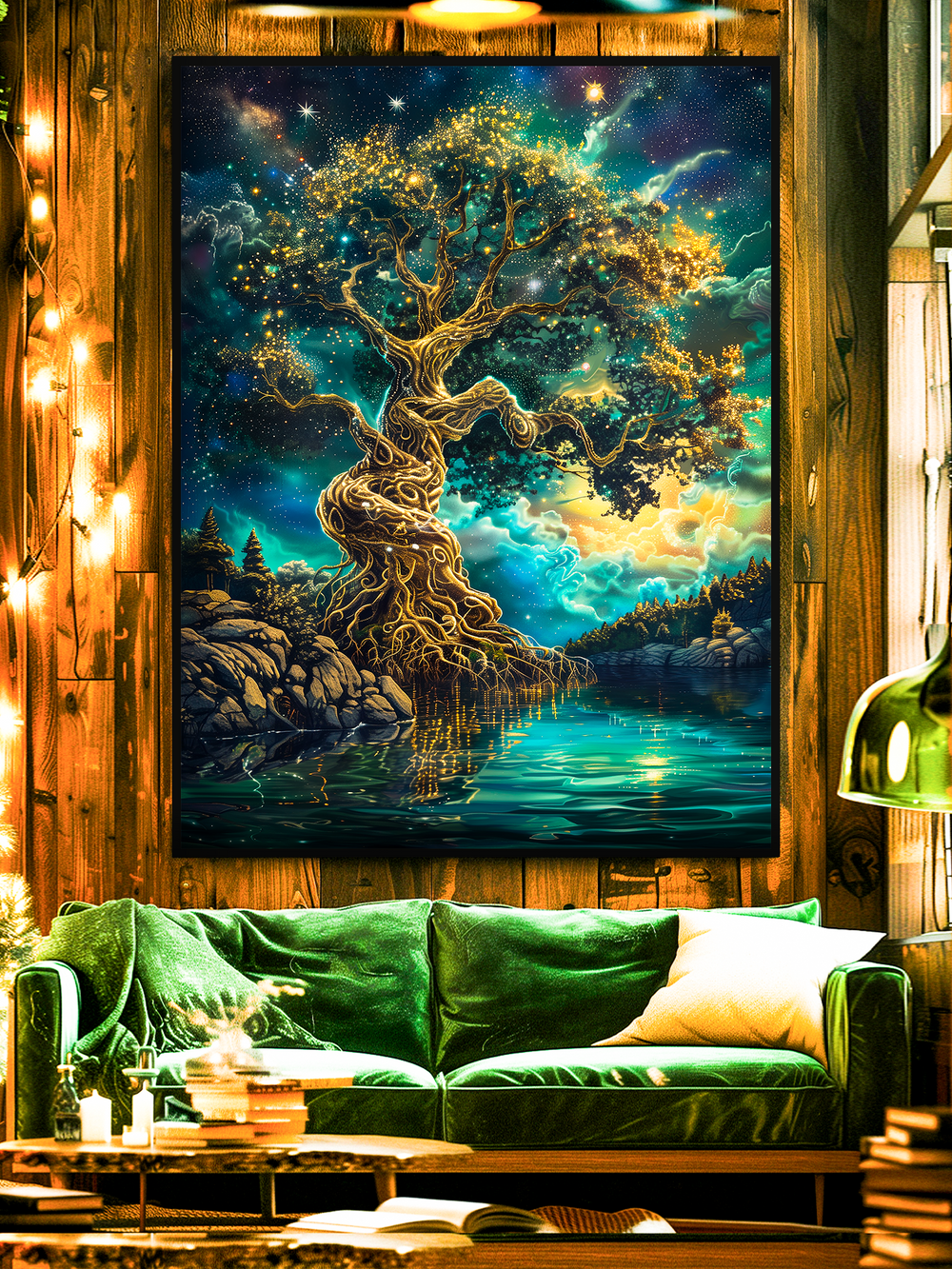 Stunning fantasy poster showing a luminous tree of life with golden branches under a starry cosmic sky, mirrored in a lake, styled as premium wall art in a rustic living room with warm wooden walls and a green velvet sofa
