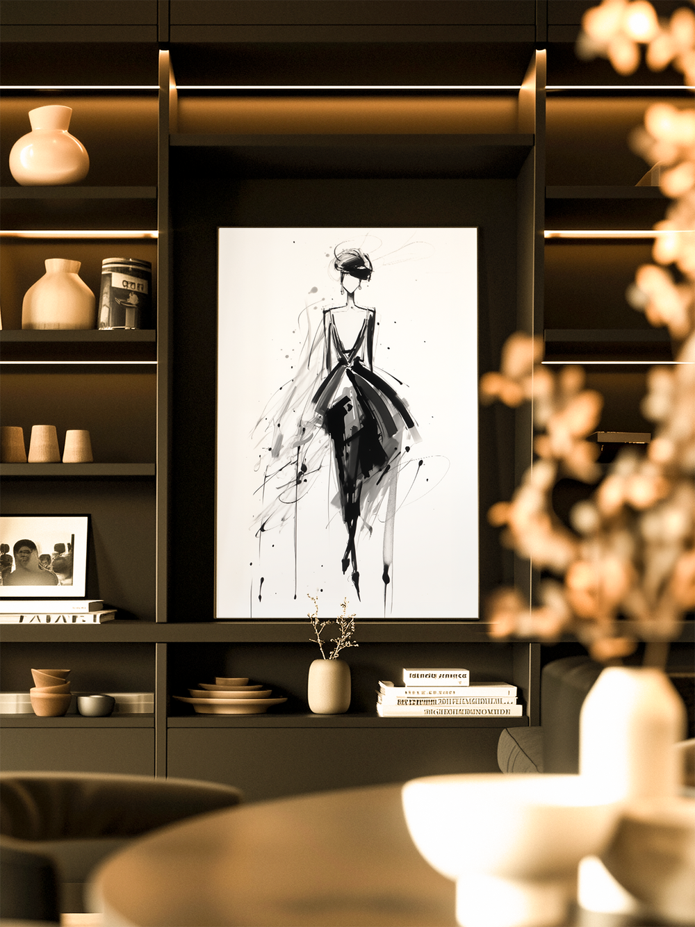 A contemporary living room with built-in dark shelving and warm integrated lighting, showcasing a large black-and-white fashion sketch of a woman in a dramatic dress as the focal artwork. The shelves are styled with neutral vases, books, dishes, and framed photos, creating an elegant, curated look. Blurred decorative elements in the foreground add depth and a cozy, sophisticated feel to the scene.