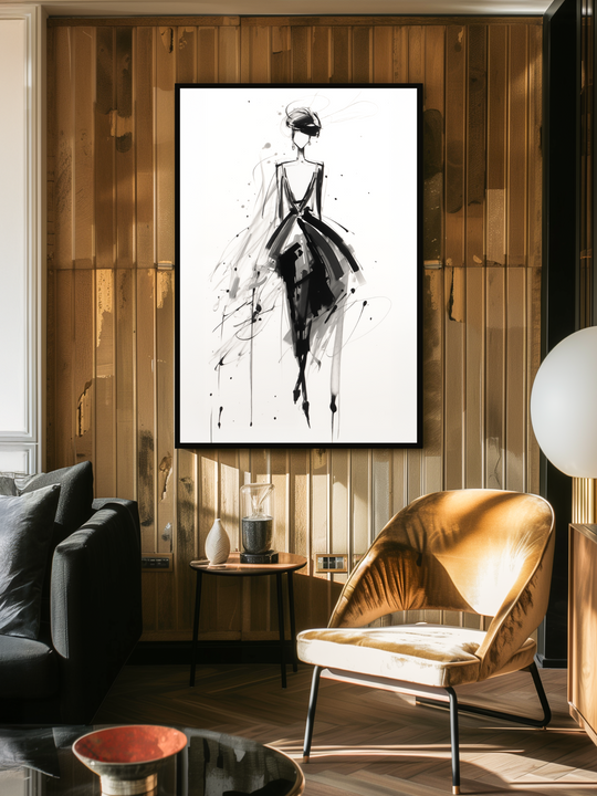 A large black-framed fashion sketch poster hangs centered on a wood-paneled wall in a tastefully furnished living room. The space features a velvet accent chair, soft lighting, and designer decor, creating a warm and refined atmosphere that highlights the artwork as the focal point.