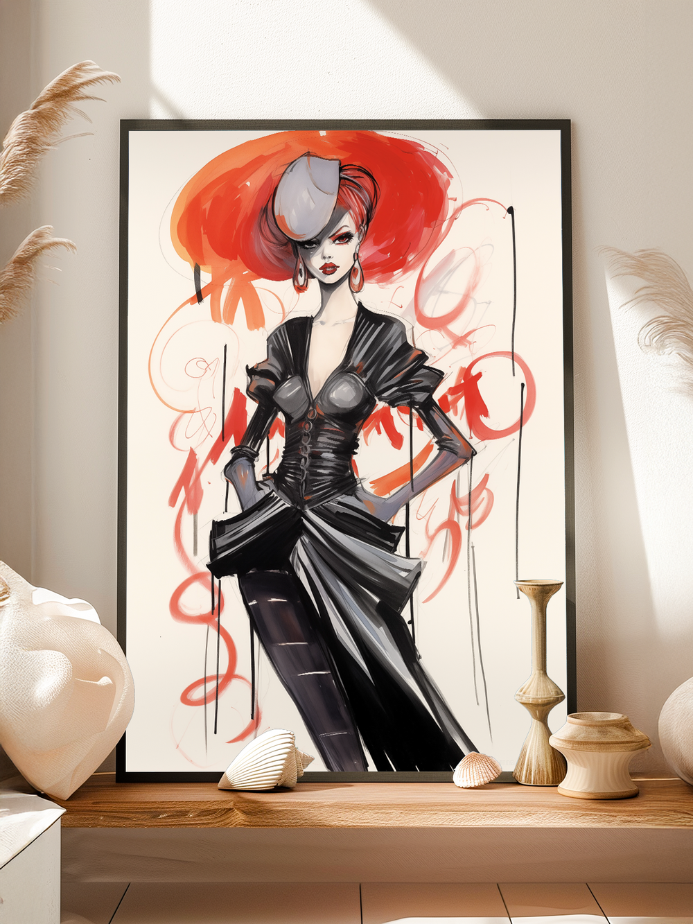 A stylish framed fashion illustration of a red-haired woman in a dramatic black outfit is displayed in a bright, minimalist room. Surrounded by sculptural decor, pampas grass, and natural textures, the scene blends high-fashion energy with elegant, contemporary interior design.