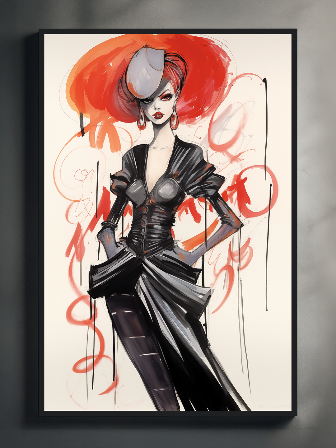 A striking fashion illustration featuring a confident woman in a black corset-style top and flowing asymmetrical skirt. She wears a bold red hat with a white accent and matching earrings, standing against a white background with expressive red and gray abstract brushstrokes.