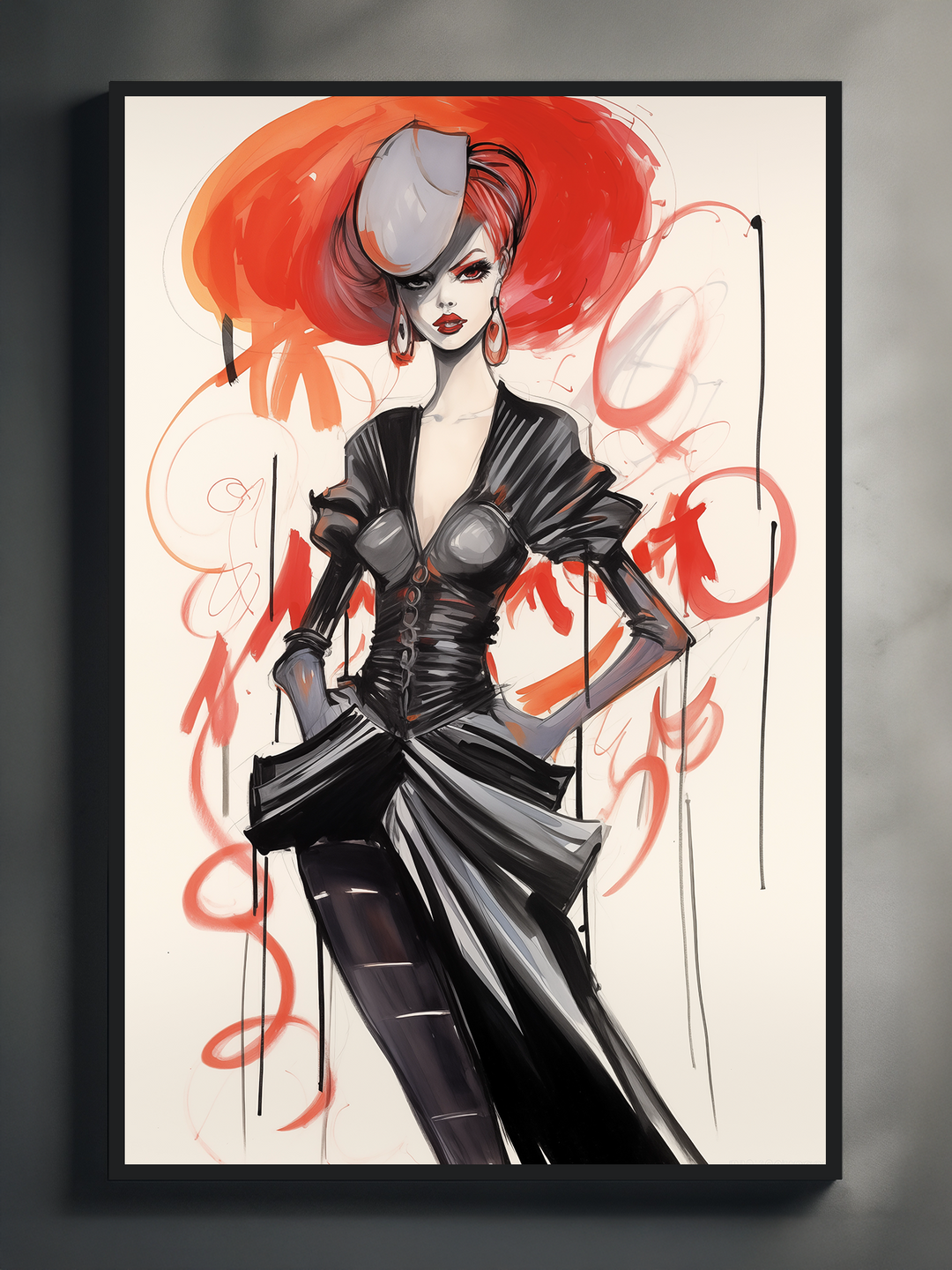Bold and stylish fashion illustration featuring a confident woman in a sculpted black gown and oversized red hat, accented by expressive red brushstrokes. The artwork is framed in black and presented against a neutral background, capturing the energy of high-fashion editorial design. Perfect for modern interiors, dressing rooms, or fashion-inspired art collections.