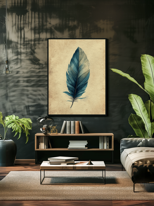 A framed poster of a blue feather on beige background is displayed in a stylish, modern living room with a dark textured wall, wooden furniture, large green plants, and a soft beige rug on wooden flooring, creating a calm and elegant atmosphere.