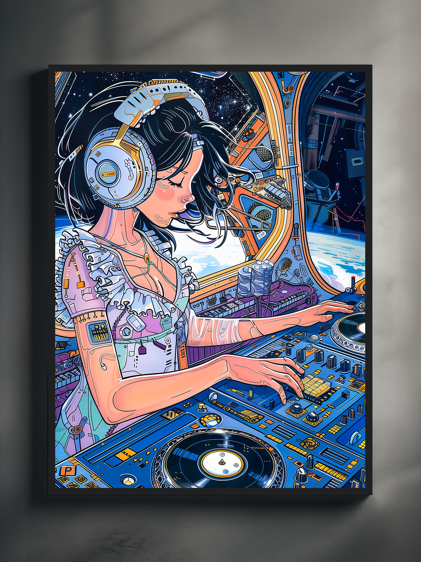 Illustration of a female DJ wearing large headphones and mixing vinyl records on a vibrant console inside a sci-fi spaceship, with Earth visible through the window in the background.