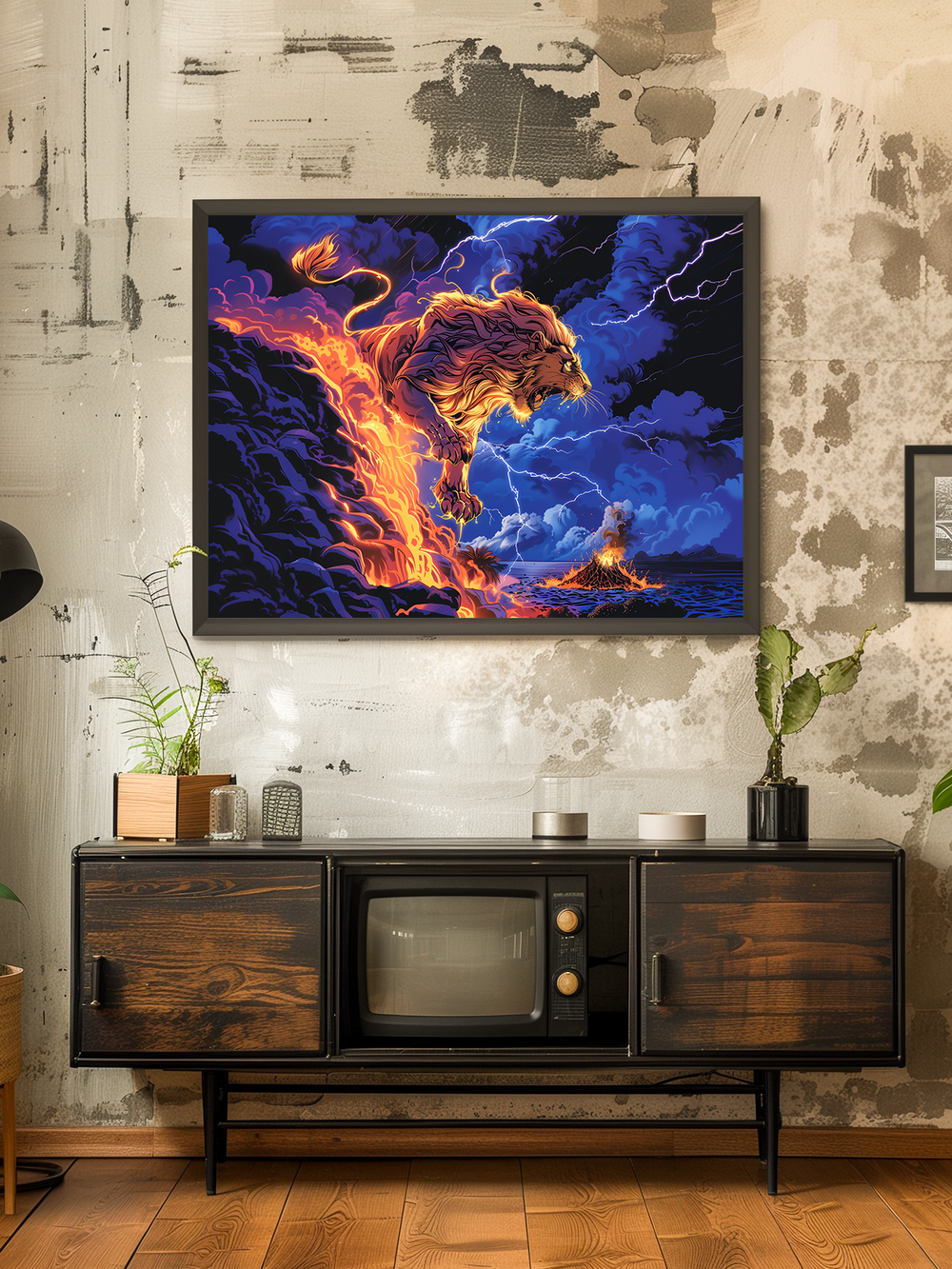 A dramatic framed artwork of a flaming lion made of fire and lightning hangs on a distressed concrete wall above a vintage wooden TV console. The interior combines industrial textures with retro furniture and green plants, creating a bold and eclectic atmosphere that highlights the poster’s powerful energy.