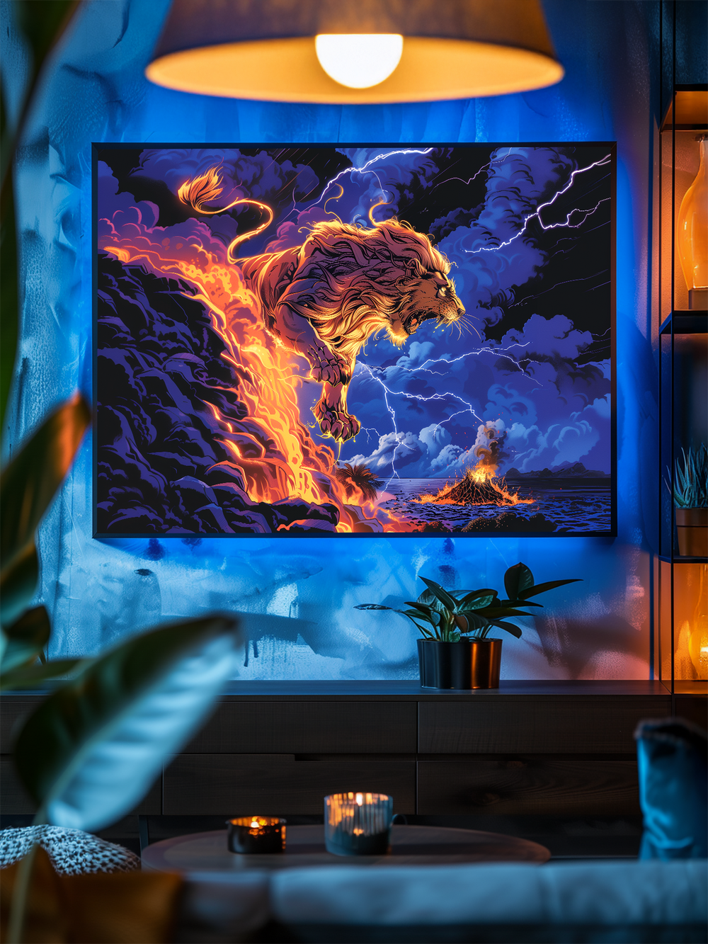 A stunning artwork featuring a glowing lion emerging from fire and lightning above a volcanic landscape. The dramatic blue and orange tones create a cinematic atmosphere, perfect for modern interiors and bold wall decor.