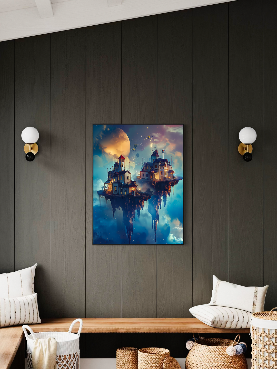 Skyward Cosmic Village Fantasy Poster – Surreal Floating City