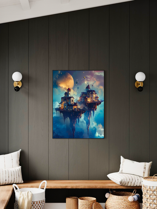 Fantasy wall art featuring floating castles above soft clouds in vibrant blue and gold tones, displayed in a modern Scandinavian interior with dark wood panel walls and minimalist decor.