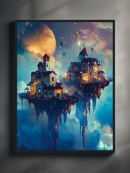Fantasy sky city wall art showing illuminated houses and towers on floating islands above blue clouds, with stars, balloons, and a giant moon in the background.