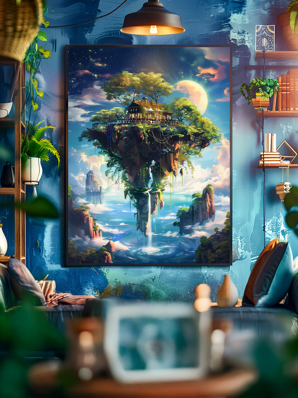 Stunning floating island fantasy landscape wall art featuring lush greenery, waterfalls, and a starry night sky, displayed in a cozy modern living room with blue textured walls, warm ambient lighting, indoor plants, and stylish decor, creating a dreamy and immersive home interior atmosphere.