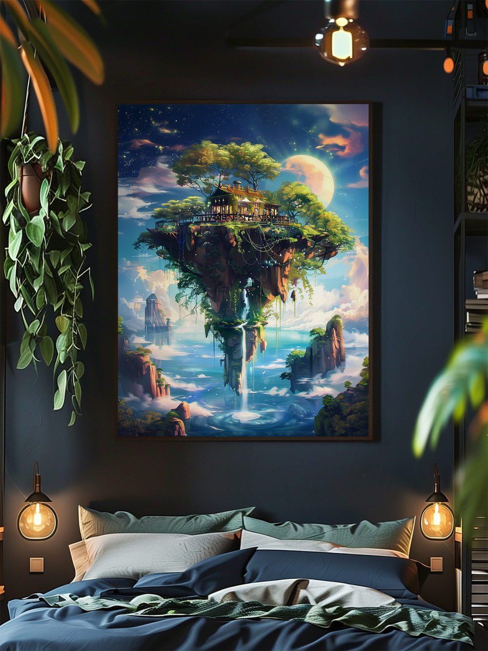 A vertical fantasy poster showing a lush floating island with a small treehouse, glowing lights, and a waterfall hangs above a neatly made bed in a stylish dark-toned bedroom. The room features hanging plants, soft pillows in blue and green hues, and ambient pendant lighting on both sides, creating a dreamy and immersive atmosphere.