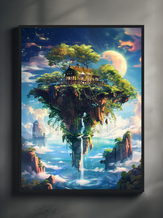 Vertical fantasy wall art featuring a lush treehouse on a floating island with waterfalls and a glowing sky, displayed in a modern black frame against a neutral wall.