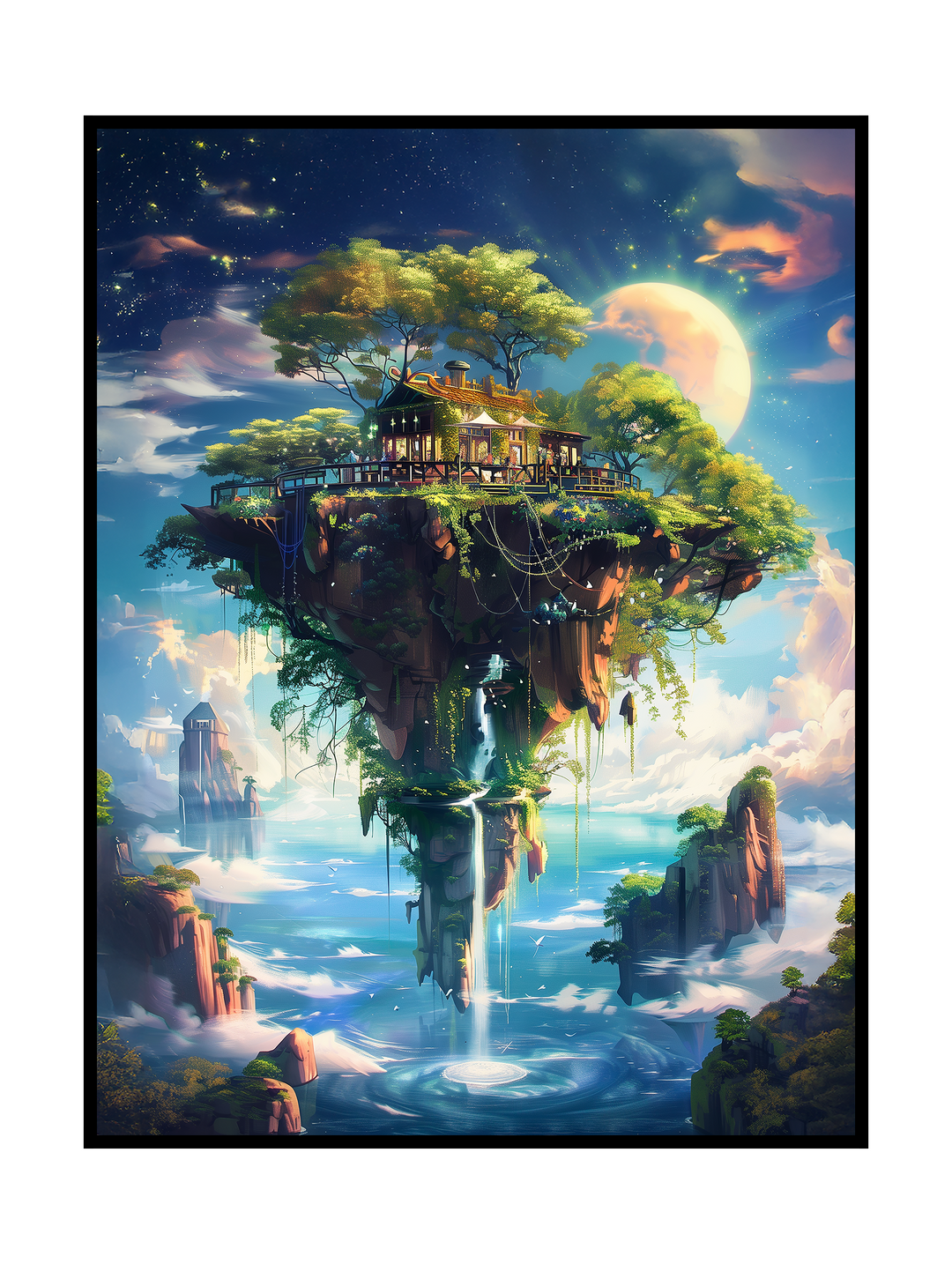 A fantasy scene featuring a floating island covered with lush trees and small wooden houses linked by narrow walkways. Waterfalls stream from the underside of the island into the ocean below, surrounded by soft mist and distant rock formations. Warm light from the buildings contrasts with the cool blue tones of the sky and water. A large moon and scattered stars create a peaceful, dreamlike atmosphere.