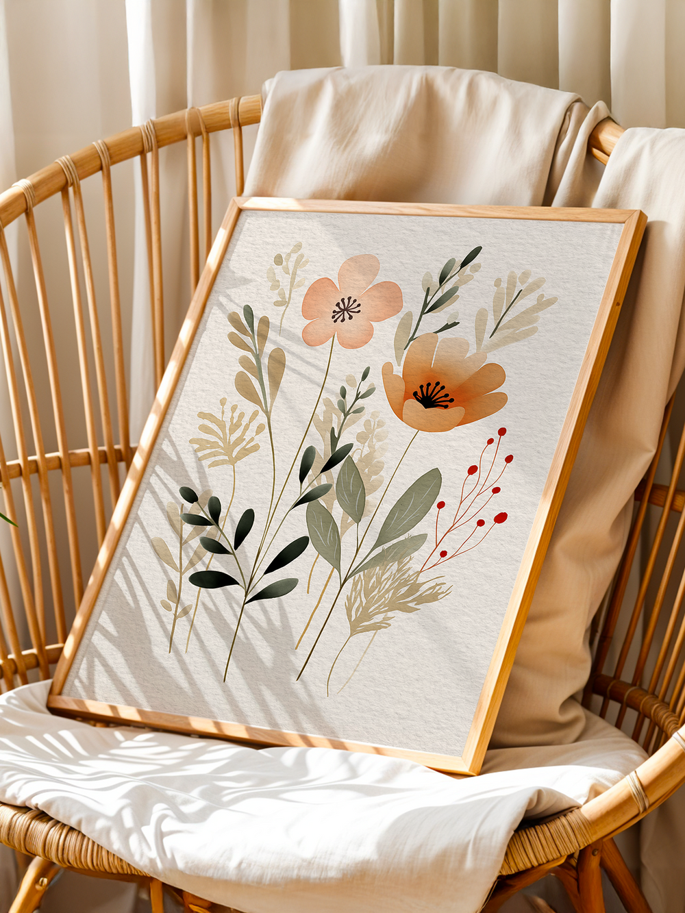 A soft floral art print featuring minimalist flower and leaf illustrations in pastel colors rests against a cushion on a rattan chair. The artwork, set in a light wooden frame, is surrounded by warm natural light and cream-colored curtains, creating a cozy and serene interior atmosphere.