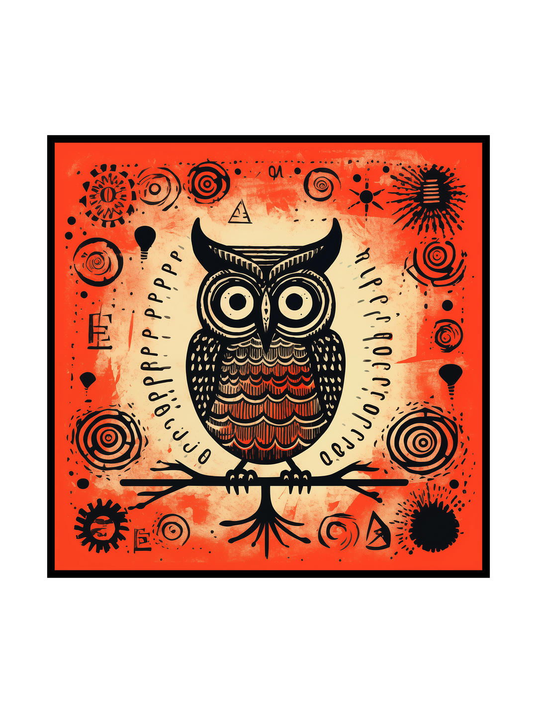 Stylized folk art illustration of an owl perched on a branch, surrounded by symbolic abstract markings and circular motifs. Warm red and orange tones combine with hand-drawn textures, creating a mystical, primitive-inspired composition with a strong decorative and storytelling character.