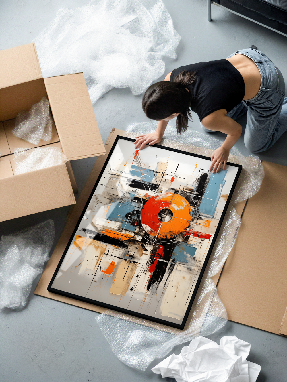 A woman unpacks a framed abstract artwork featuring a striking circular orange form surrounded by blue, beige and black geometric strokes. The premium black metal frame, shatterproof plexiglass and museum grade matte paper highlight the high quality of the piece, shown on the floor with packaging materials around it.