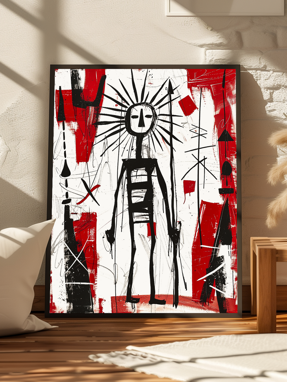 A modern abstract warrior poster with black, red, and white graffiti-style elements, leaning against a textured wall in a sunlit minimalist room. The raw visual energy of the artwork contrasts with the clean wooden floor and soft neutral decor, creating a bold focal point for contemporary or loft-style interiors.