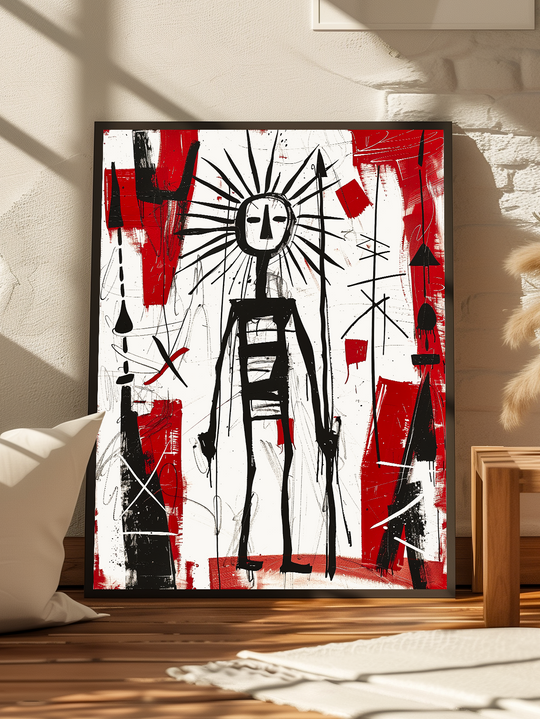 A modern abstract warrior poster with black, red, and white graffiti-style elements, leaning against a textured wall in a sunlit minimalist room. The raw visual energy of the artwork contrasts with the clean wooden floor and soft neutral decor, creating a bold focal point for contemporary or loft-style interiors.