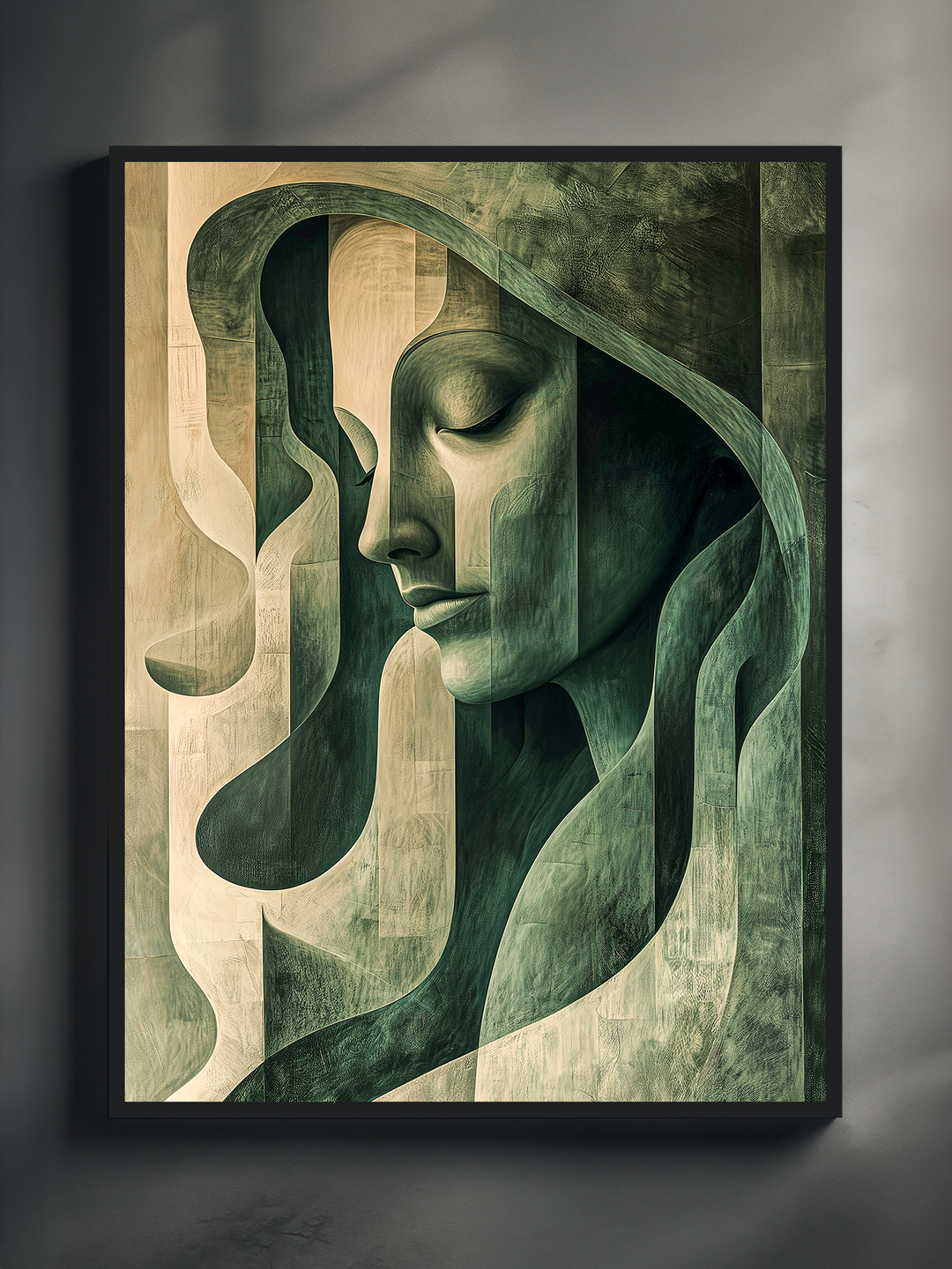 Artistic portrait of a woman with closed eyes, illustrated in layered green tones and abstract geometric forms. The modern artwork is displayed in a sleek black frame with a textured background, blending serenity and depth. Perfect for contemporary interiors, this piece adds a sophisticated and emotional touch to any wall space.