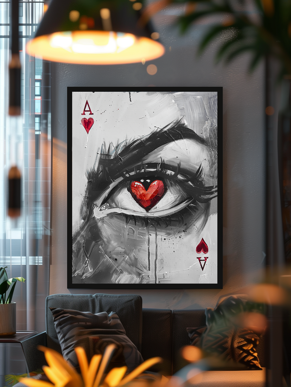 A surreal Ace of Hearts poster featuring a black-and-white eye with a red heart pupil hangs on a neutral wall in a stylish, urban living room. The dark sofa and pillows create contrast, while blurred foreground elements like hanging lights and green plants add depth and a cozy, immersive atmosphere.