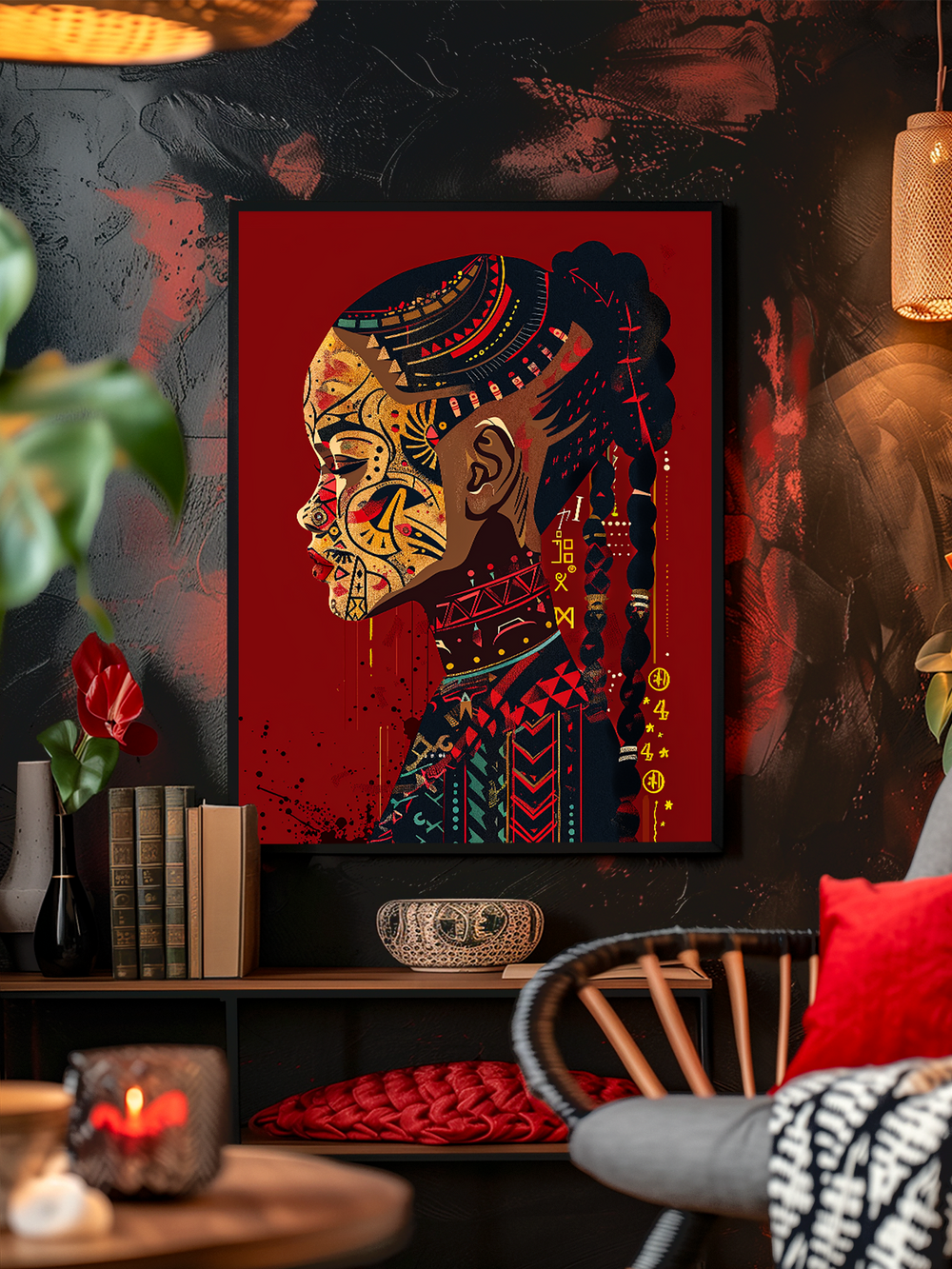 A vibrant tribal art poster featuring a side-profile woman with detailed face patterns and braids is elegantly displayed on a dark textured wall. The room includes a wooden shelf with books and decor, a cozy chair with red and black cushions, a glowing candle in the foreground, and warm ambient lighting. The red tones from the artwork flow seamlessly into the interior design, creating a harmonious and culturally rich atmosphere.