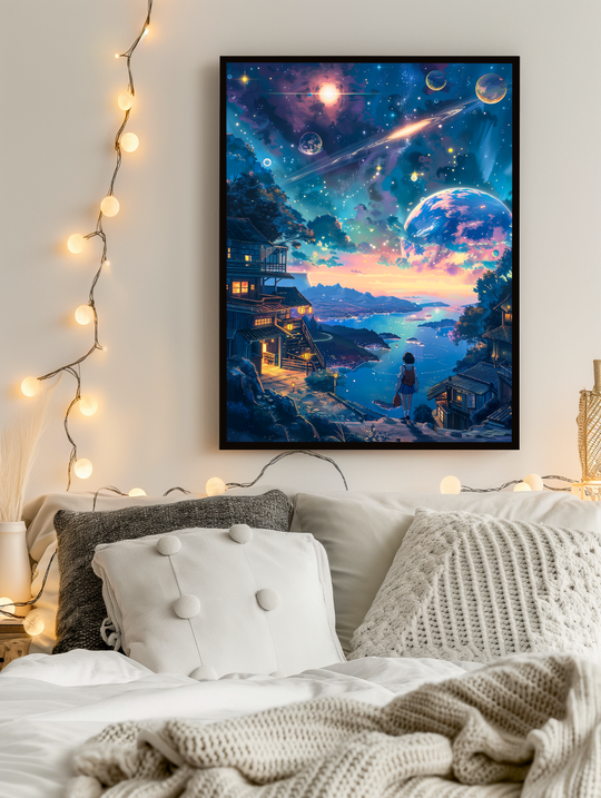A framed anime space poster hangs above a cozy bed with textured blankets, soft pillows, and warm fairy lights. The artwork shows a girl with a backpack looking out over a glowing ocean city beneath a galaxy sky filled with stars, planets, and nebulae. This dreamy sci-fi wall art blends peaceful interior vibes with cosmic fantasy and is ideal for anime fans and space-themed decor.