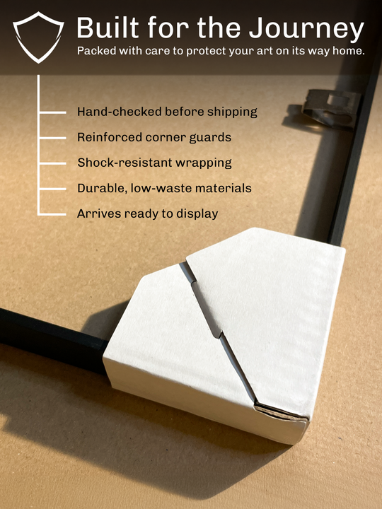 A close up of a black metal art frame resting on a cardboard surface, protected by a white reinforced corner guard. The upper part of the image shows the packaging information in white text, including Built for the Journey, Hand checked before shipping, Reinforced corner guards, Shock resistant wrapping, Durable low waste materials, and Arrives ready to display. The photo highlights the frame, the corner protection and the printed packaging details from AconaStudio.