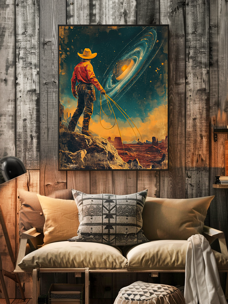 Surreal art print of a cowboy lassoing a glowing spiral galaxy, displayed in a black frame on a rustic wooden wall above a cozy bench with southwestern-style pillows in a warm cabin setting.