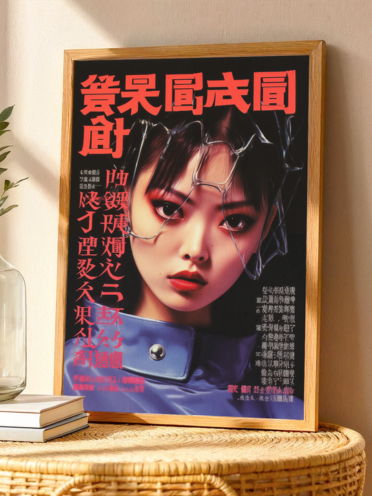 A modern framed poster showcasing a futuristic woman with a bold look, wrapped in chrome wires and wearing a shiny blue jacket. The design features large red Asian characters and detailed text over a black background. The artwork leans on a wicker surface next to stacked books and soft lighting, blending cyberpunk style with warm, minimalistic interior decor.