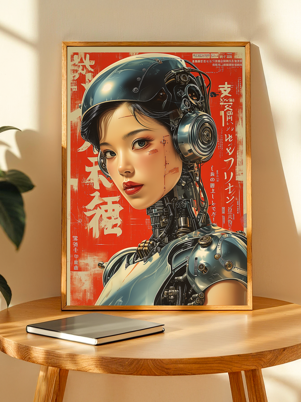 A futuristic poster showing a highly detailed female android with a human-like face and exposed mechanical elements. She wears a glossy black helmet with visible circuits and gears, set against a striking red background with Japanese typography. The framed artwork rests on a wooden round table beside a closed notebook, bathed in warm natural light, creating a blend of sci-fi aesthetics and modern interior minimalism.