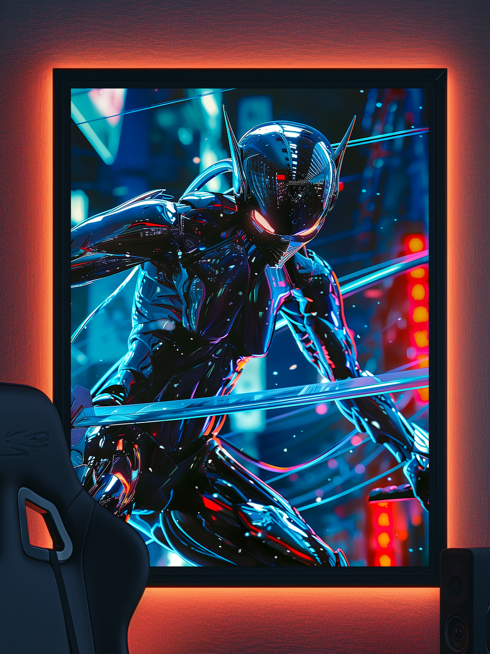Futuristic cyberpunk action poster in a black frame with glowing orange LED backlight, mounted on a textured wall in a dark gaming room. A sleek gaming chair is partially visible in the foreground, enhancing the immersive and modern setup focused on high-tech aesthetics.