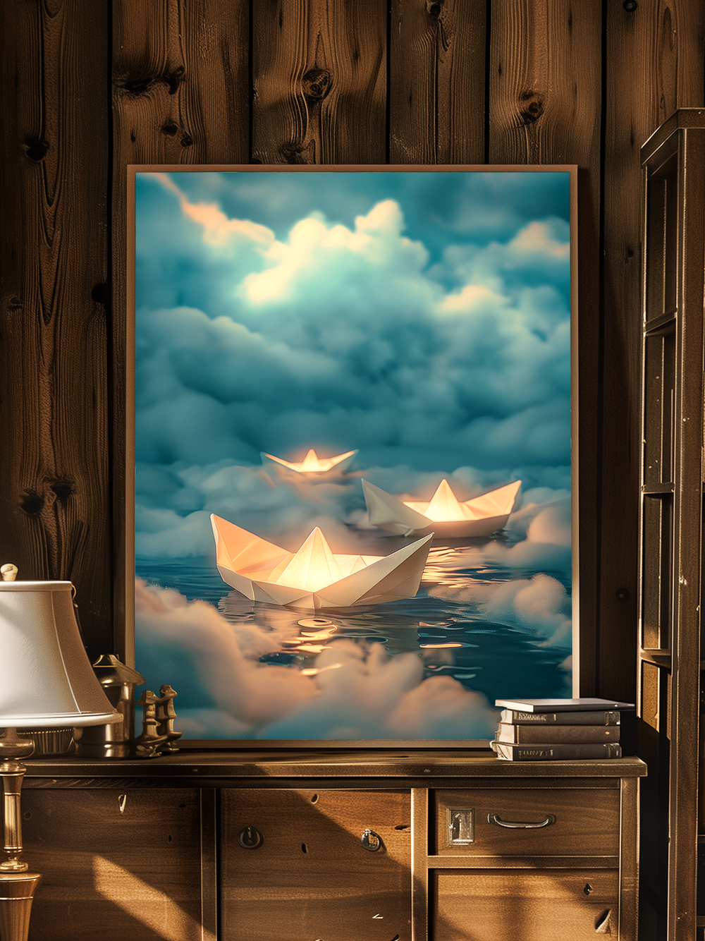 A framed artwork of glowing paper boats floating through soft clouds and reflections, displayed in a warm wooden room with rustic furniture, books, and soft lighting. The dreamy seascape contrasts beautifully with the natural textures of the cozy interior.