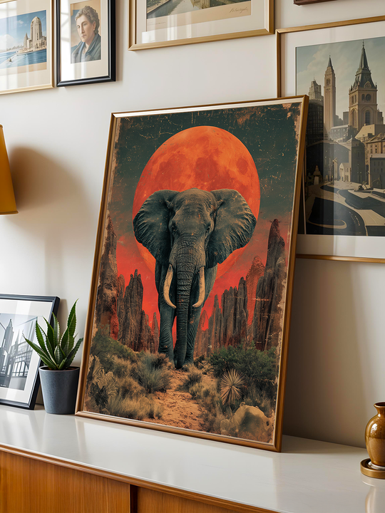 Leaning framed artwork on a sideboard, showcasing a surreal desert scene with a dominant elephant walking toward the viewer, framed by rocky cliffs and a glowing red full moon, placed in a cozy gallery-style living room.