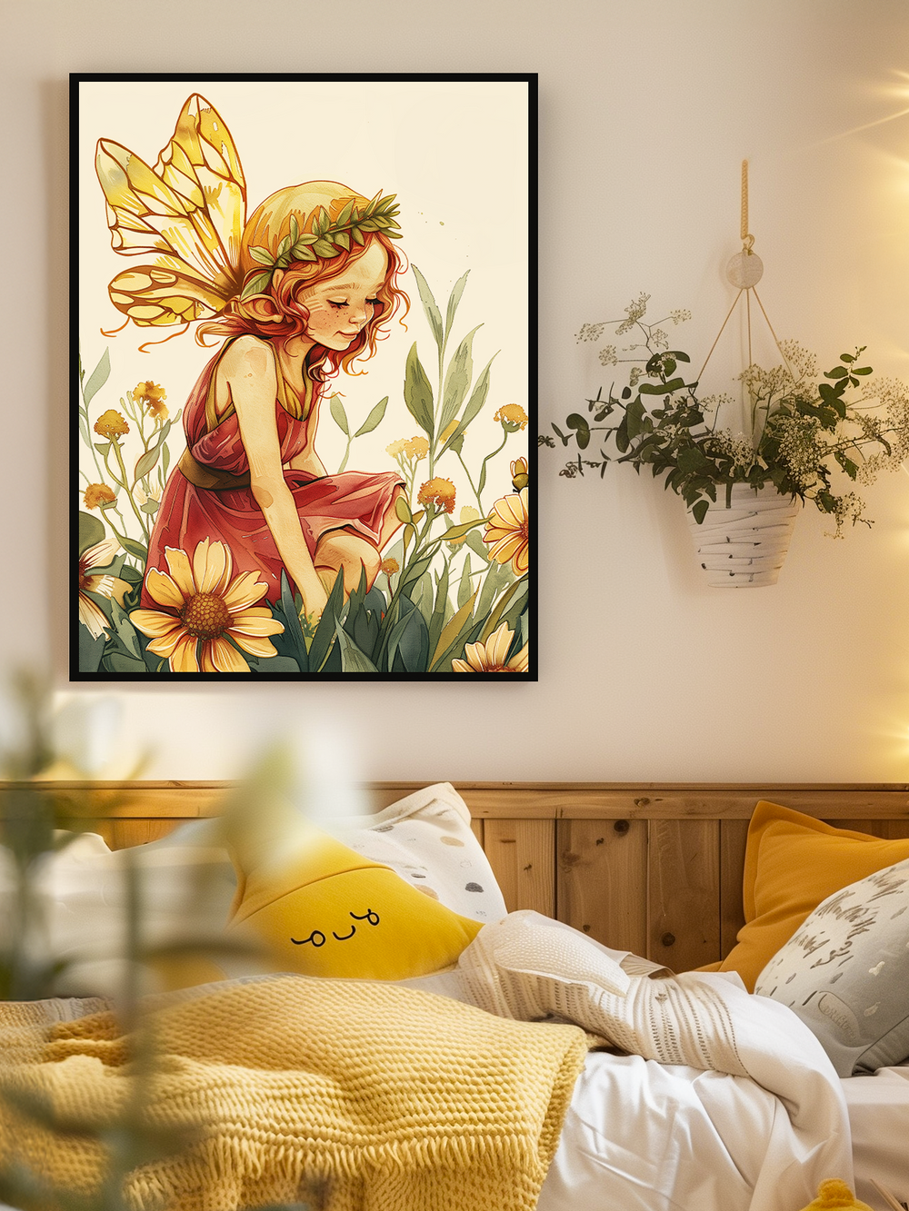 Poster of a fairy girl with golden wings and a red dress displayed above a cozy bed with yellow pillows and blankets. A white hanging plant decorates the wall beside it, creating a warm, nature-inspired children’s room with soft light and a playful atmosphere.
