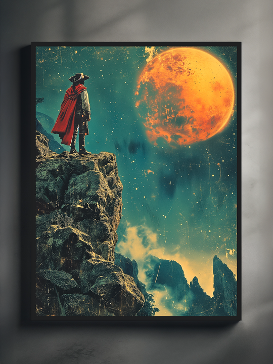 High-quality fantasy poster featuring a lone explorer in a red cloak standing on a rocky cliff, gazing at a glowing orange moon in a surreal night sky. The framed artwork is displayed on a clean white wall with natural light and soft shadows, ideal for showcasing detailed wall art in a modern interior. Perfect for fans of adventure, space fantasy, and cinematic artwork decor.