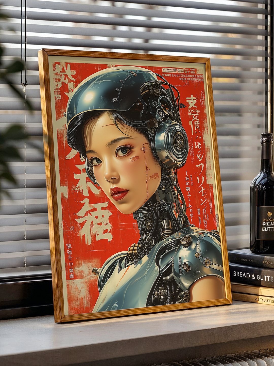 A highly detailed artwork of a female android with human features and visible robotic mechanics, leaning against a window with blinds. The android wears a sleek helmet and mechanical components across her neck and shoulder. Set against a distressed red background with white Japanese text, the framed poster is placed on a windowsill next to books and a wine bottle, blending sci-fi aesthetics with cozy, real-world decor.