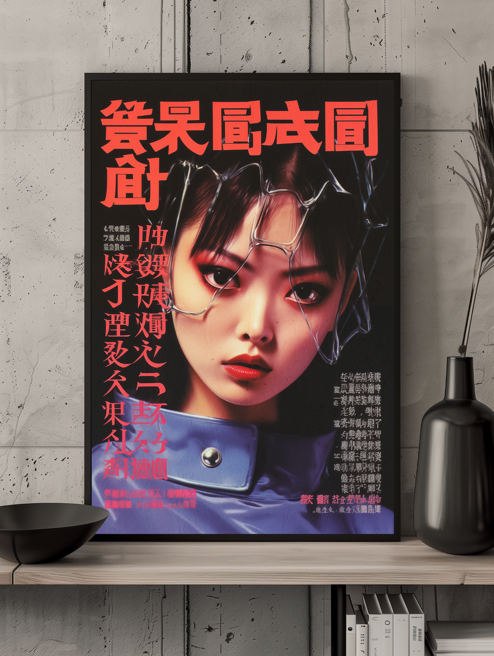 A bold and modern poster featuring an Asian woman in a glossy blue outfit with a wire-like structure over her face. The design includes large red and white Asian characters in a magazine-style layout. The framed artwork leans on a light wooden shelf against a textured concrete wall, next to a black vase and minimal decor, creating a stylish industrial interior with a cyberpunk edge.