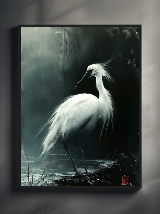 A minimalist wall setup featuring a Japanese-style crane illustration in a sleek black frame. The elegant bird is shown in soft lighting against a grey-green background, with subtle textures and shadows enhancing the gallery-like presentation.