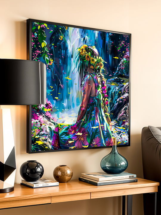 Vibrant fantasy art print of a woman near a tropical waterfall, framed and displayed above a wooden console table in a stylish modern living room with decorative objects.