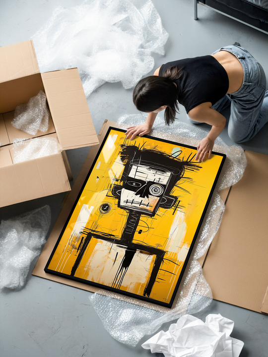 A woman kneels on the floor unpacking a framed modern art print from bubble wrap. The poster features a bold Basquiat-inspired portrait with a bright yellow background, black sketch-style lines, and expressive abstract details. The frame is a black premium metal frame with plexiglass, shown fresh out of the shipping box with protective packaging around it.