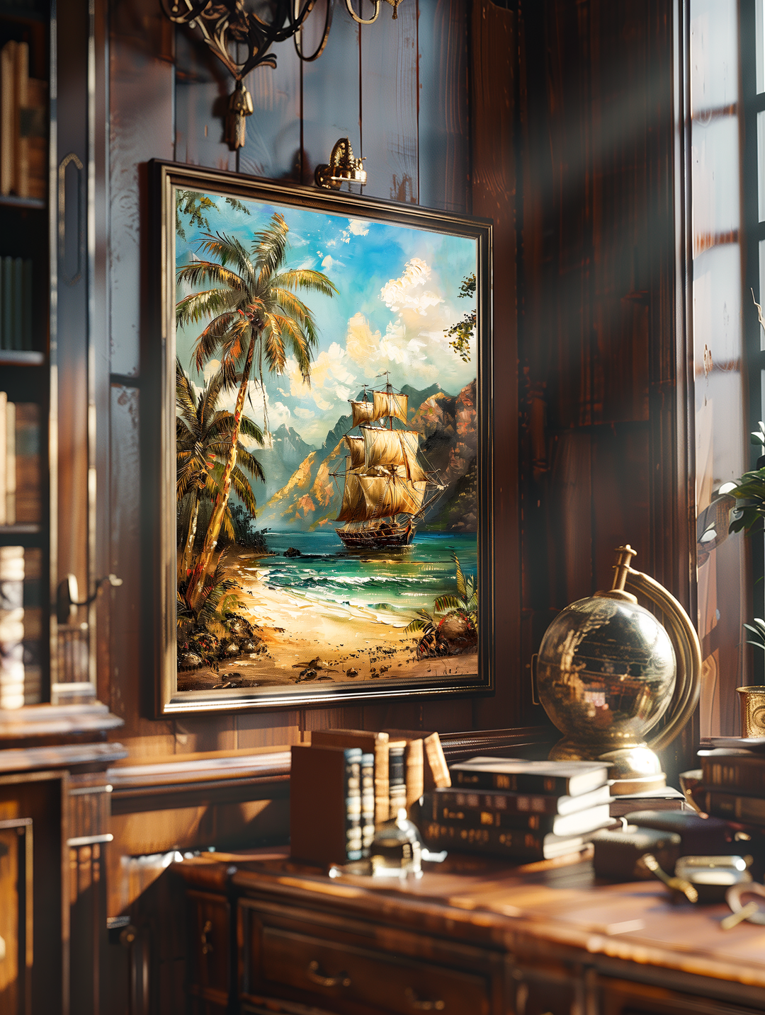 Elegant study interior featuring a framed nautical wall art of a sailing ship near a tropical beach, surrounded by vintage furniture, a golden globe, and stacked books.
