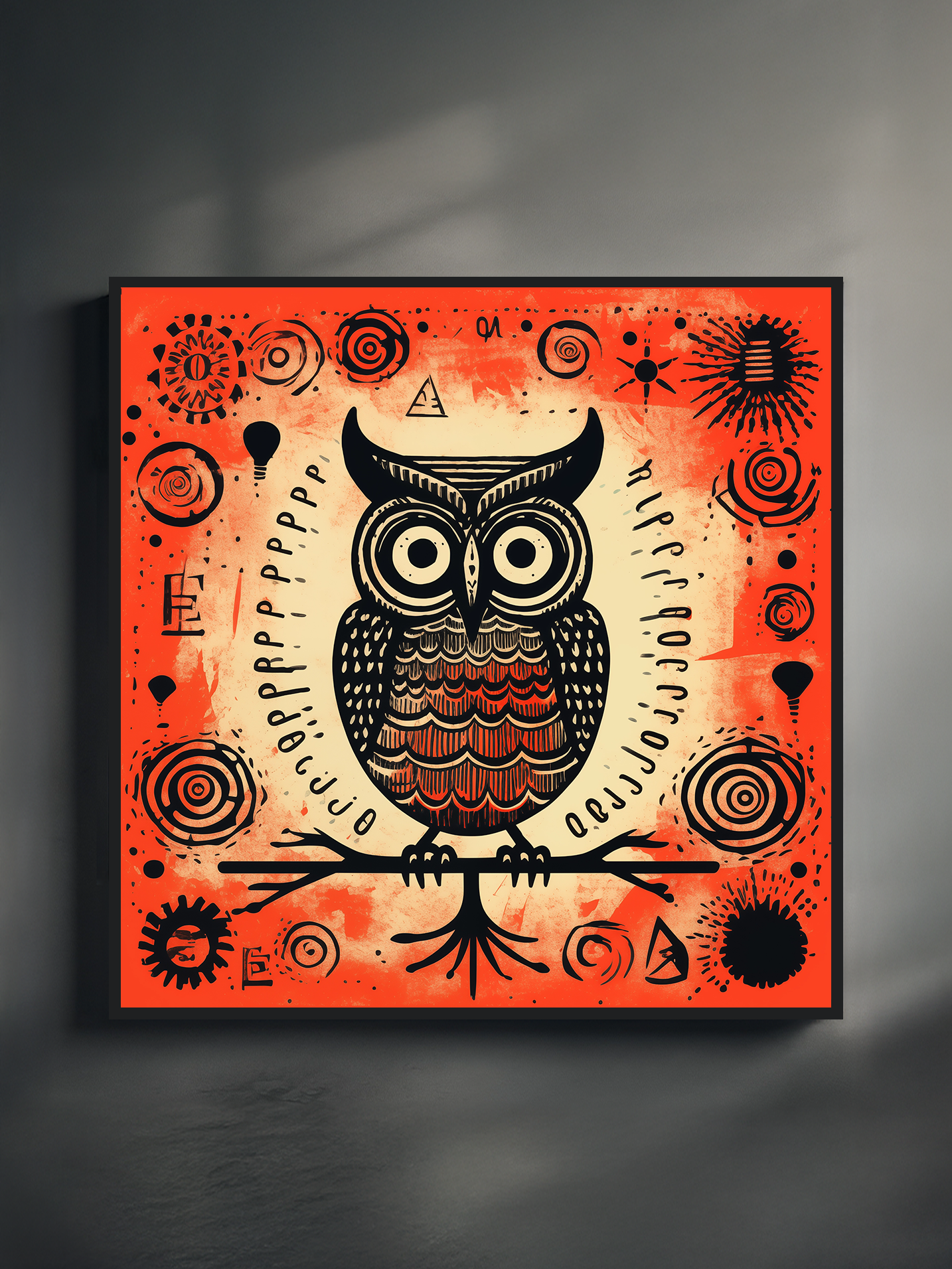 A vivid square poster featuring a stylized owl centered on a red-orange background with tribal and abstract elements. The owl is surrounded by symbolic shapes, spirals, lines, and geometric figures that create a mystical and eye-catching design. Displayed against a grey wall, the artwork combines folk-inspired details with bold, graphic aesthetics.