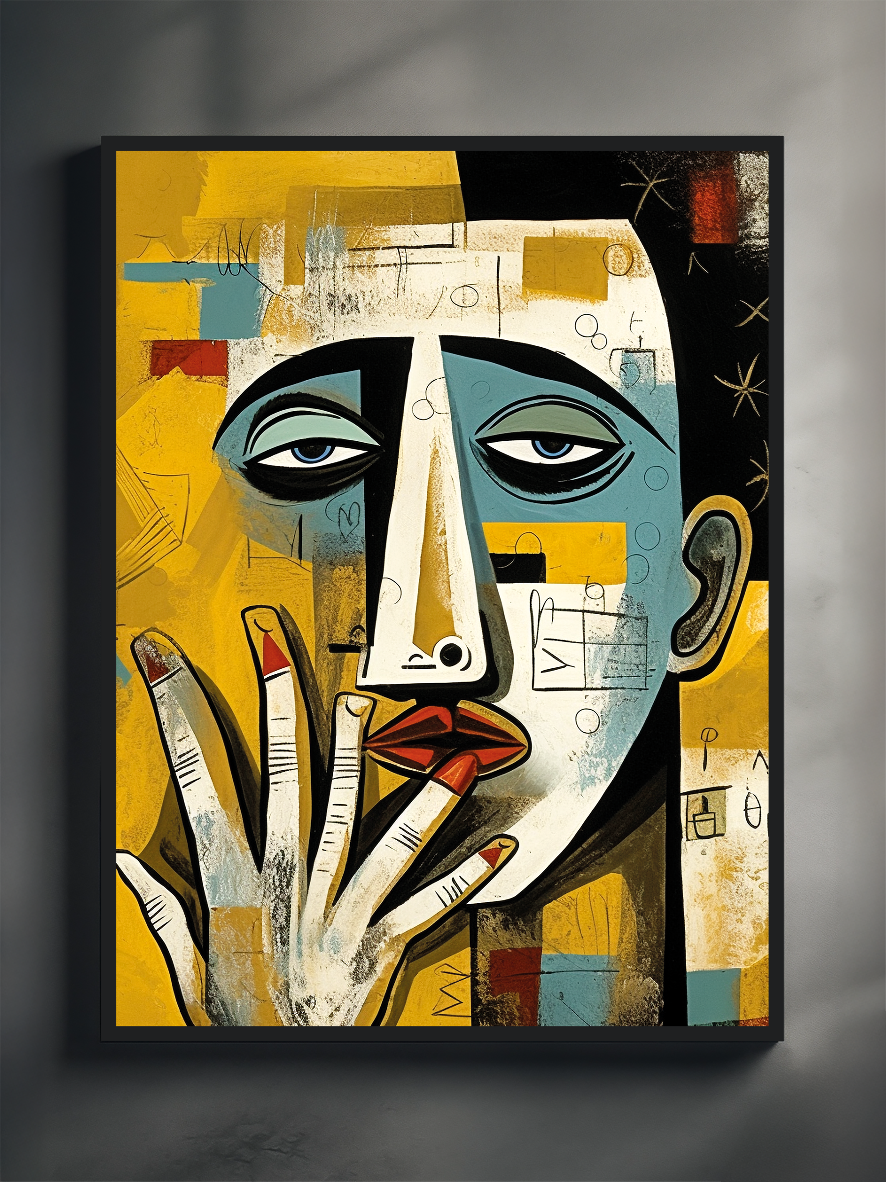 Abstract portrait in cubist Picasso style with bold colors and expressive hand, displayed in a sleek black frame on a white wall with soft natural shadows.