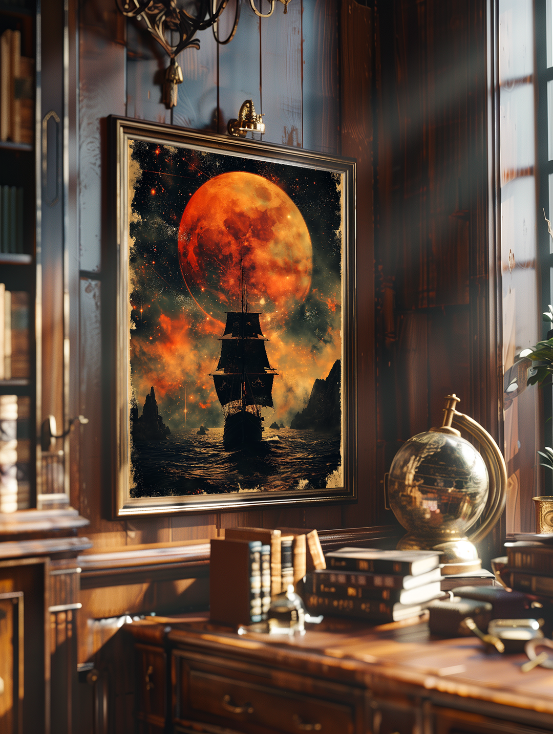 Fantasy poster of a pirate ship sailing toward a fiery red moon, displayed in an elegant vintage study with wooden paneling, antique books, a brass globe, and soft sunlight streaming through tall windows. The rich atmosphere combines nautical adventure with old-world sophistication.